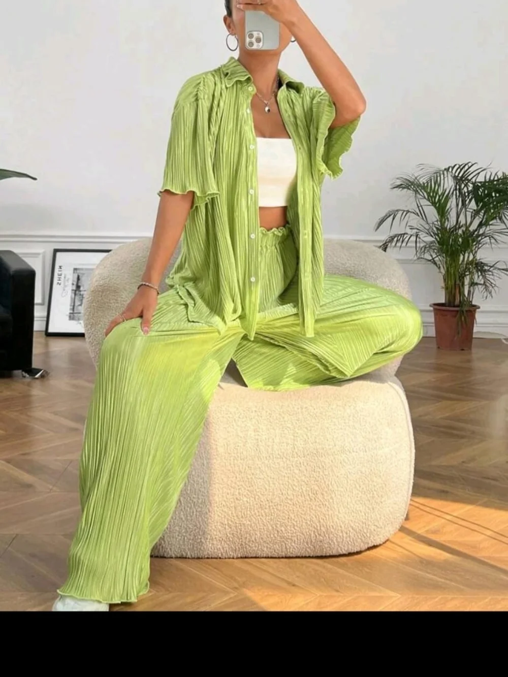 Texture Wide Leg Pants Set in Lime Green